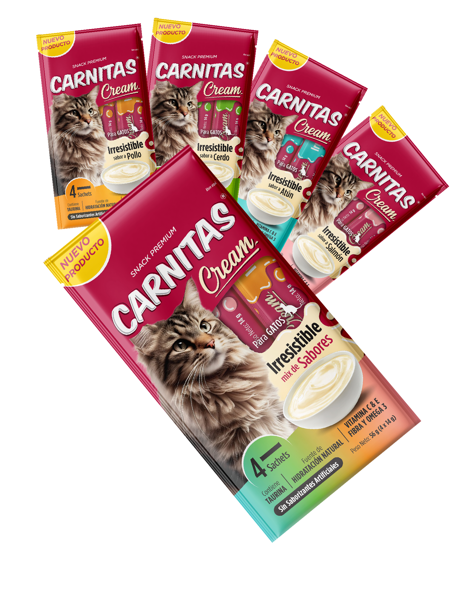 Snack Cremoso Carnitas cream gato Pollo,  Cerdo,  Salmón, Atún y  Multipack.